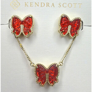 Kendra Scott Haley Bow Gold & Red Short Pendant Necklace + Earrings Set – New